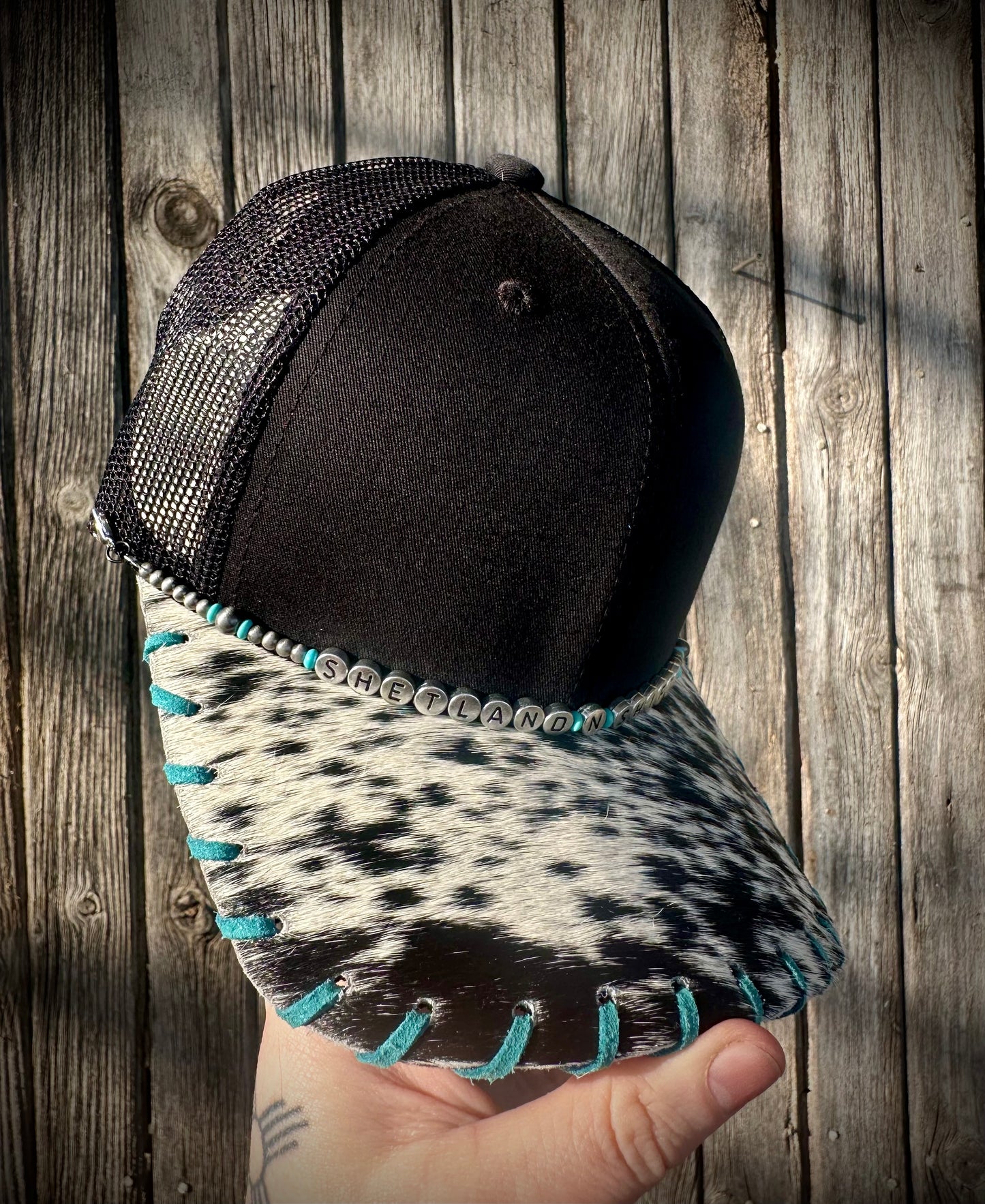 YOUTH Cowhide Trucker Hat #5 “Shetland n Shifty”