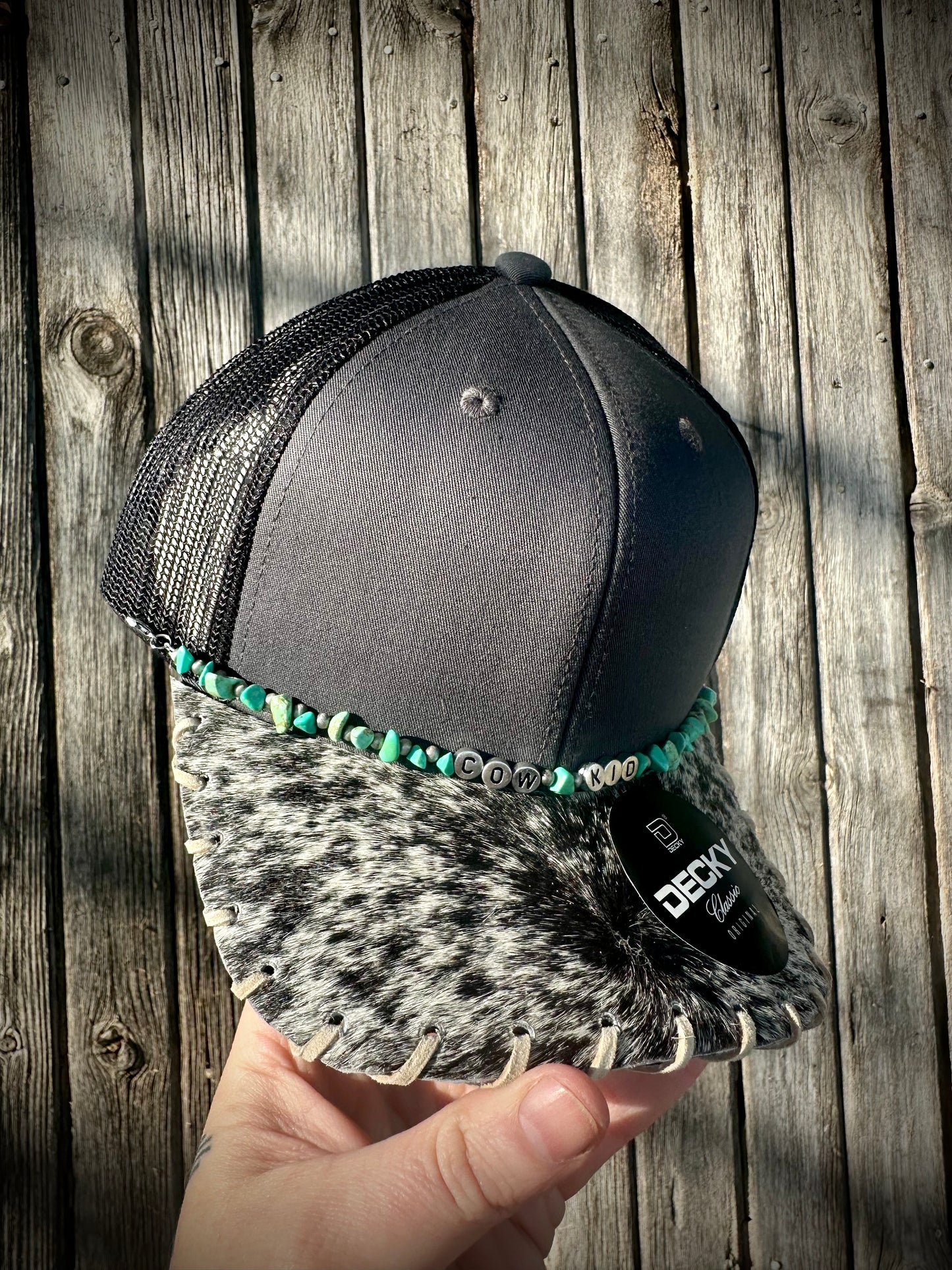 YOUTH Cowhide Trucker Hat #3- “Cowkid”