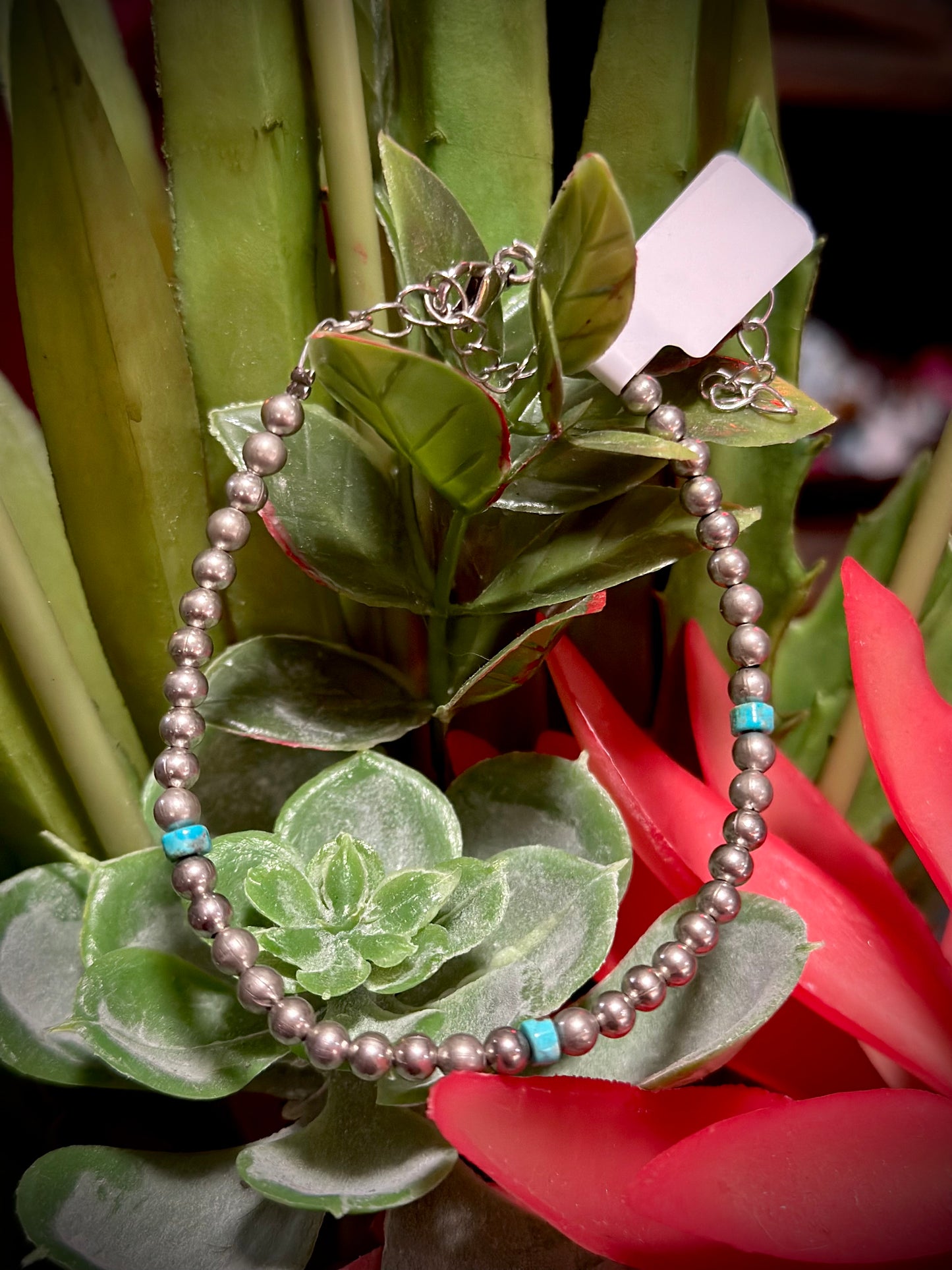 Silver Pearl Bracelet- Blue Turquoise Beads