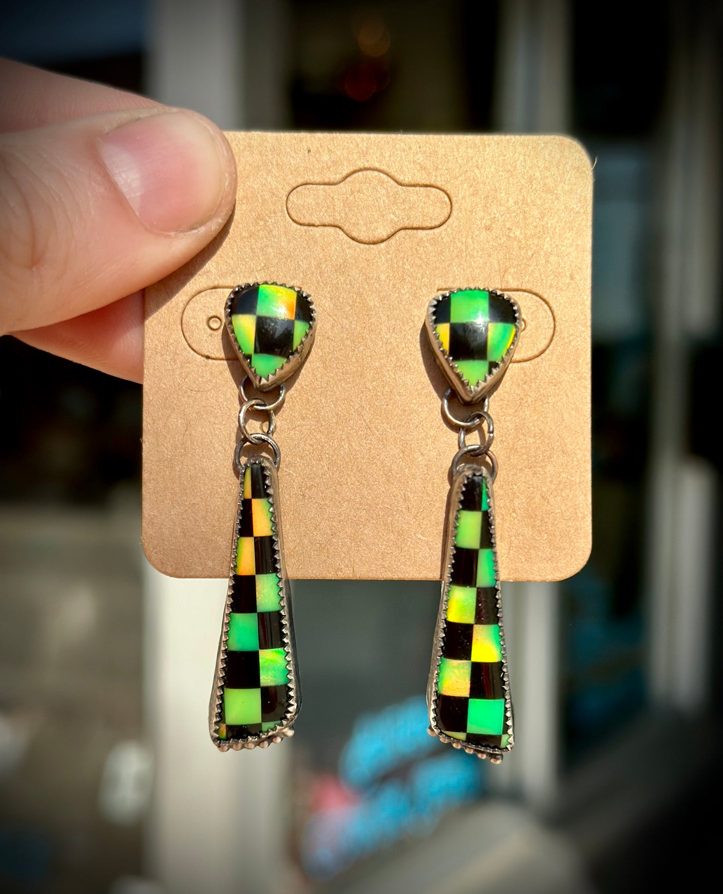 It’s SHOWTIME! Green Opal Checkered Dangle Earrings