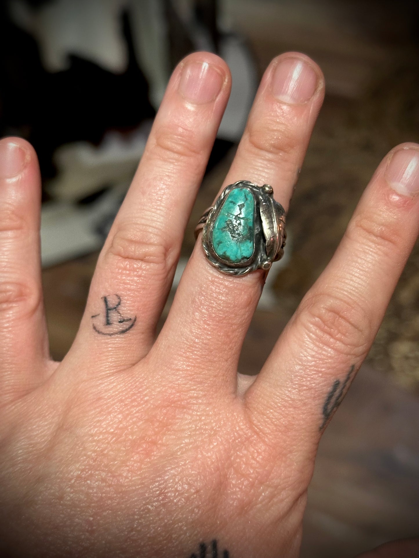 Vintage Turquoise Ring with Feather Detail