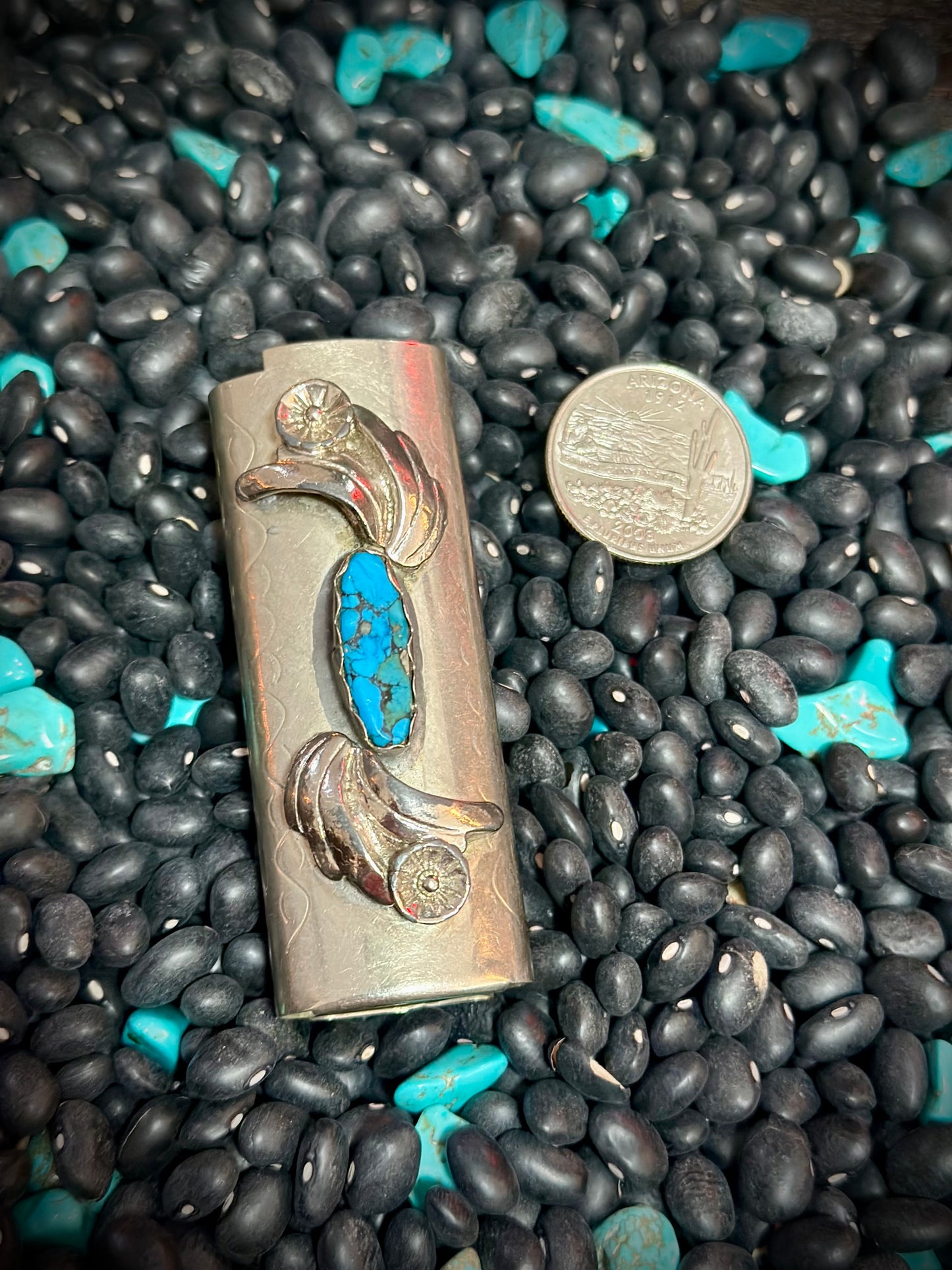 Vintage Silver and Turquoise Lighter Cover