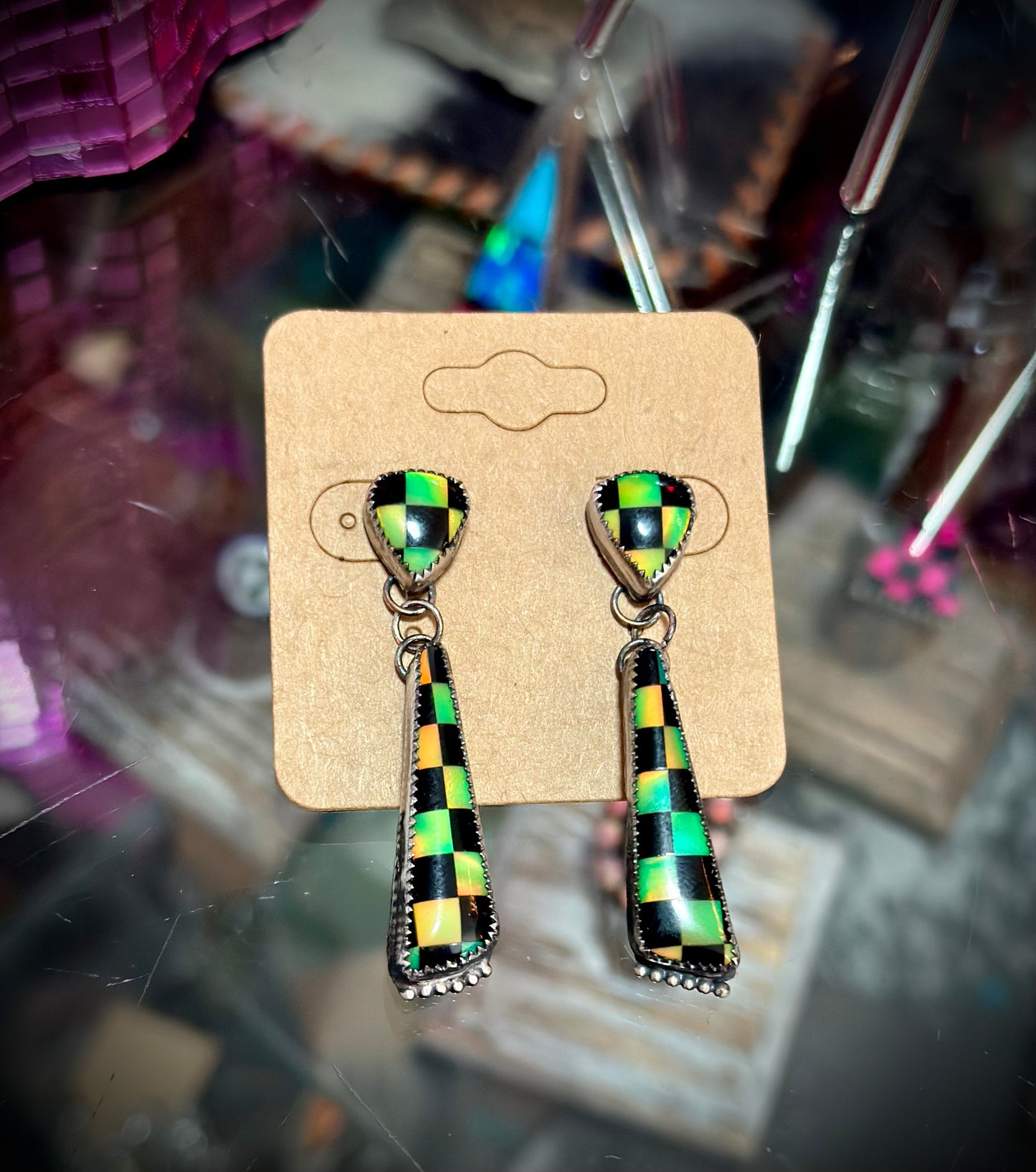 It’s SHOWTIME! Green Opal Checkered Dangle Earrings