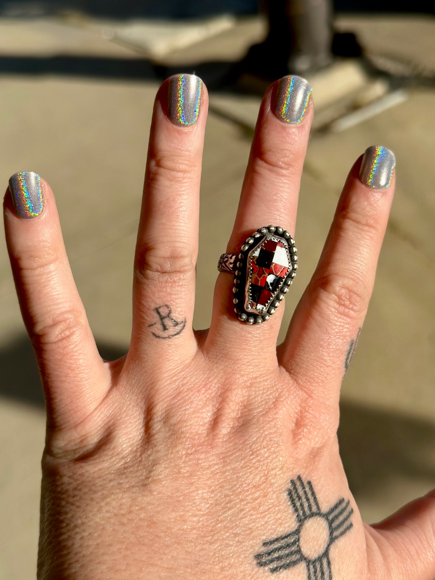 Red Mojave Checkered Coffin Ring