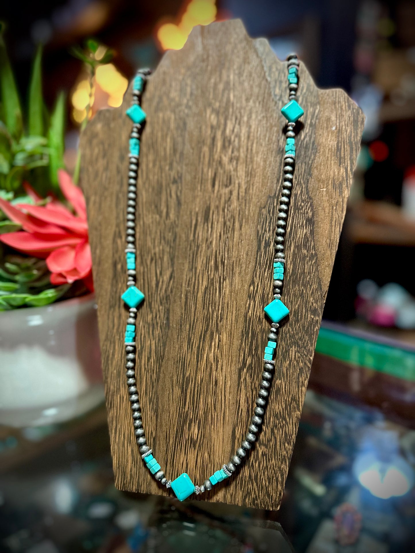 36” Faux Navajo Pearl Necklace with Turquoise Accents