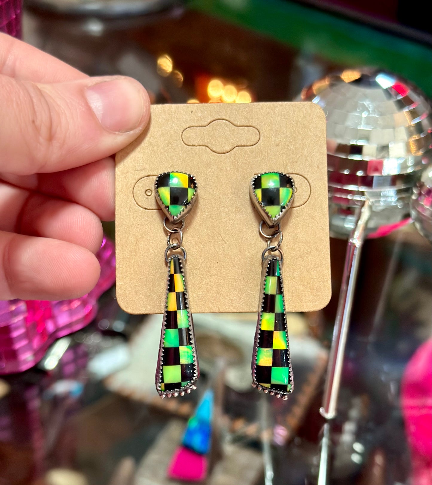 It’s SHOWTIME! Green Opal Checkered Dangle Earrings