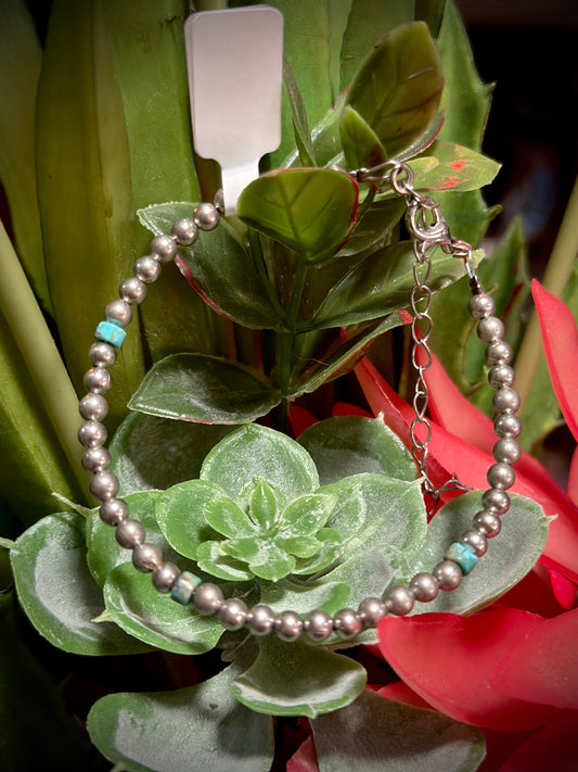 Silver Pearl Bracelet- Blue/Green Turquoise Beaded Accents